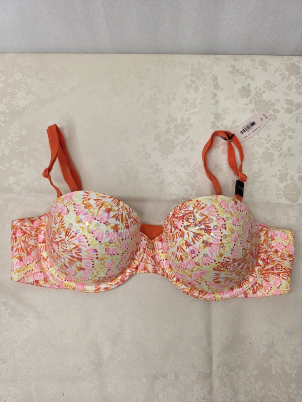 NWT Victoria's Secret Lined Strapless Multi-Way Bra 34B Floral Orange Pink